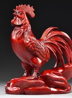 黑檀木雕红公鸡摆件十二生肖大公
