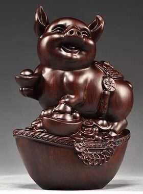 红花梨木雕福猪摆件十二生肖三合
