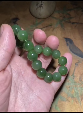 俄罗斯和田玉碧玉 圆珠手串 菠菜绿颜色纯正 微猫眼 性价比高12mm