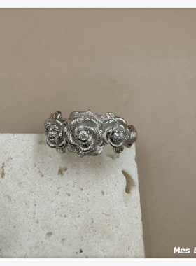 Vintage 中古轻奢意大利拉丝工艺布契风时尚玫瑰超美微镶开口戒指