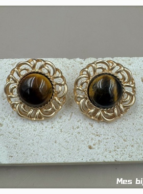 美拉德风钛钢天然虎眼石原创设计手作串珠叠戴项链耳钉耳环耳夹女