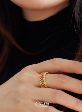 CVON法式复古蕾丝镂空戒指小众高级轻奢祖母绿对戒开口戒食指戒