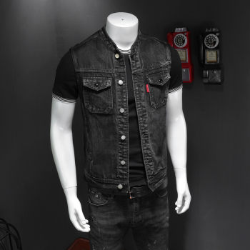 ເສື້ອຢືດ denim collar stand-up fashionable vest for youth slim and handsome versatile distressed men's sleeveless color solid outerwear trendy spring