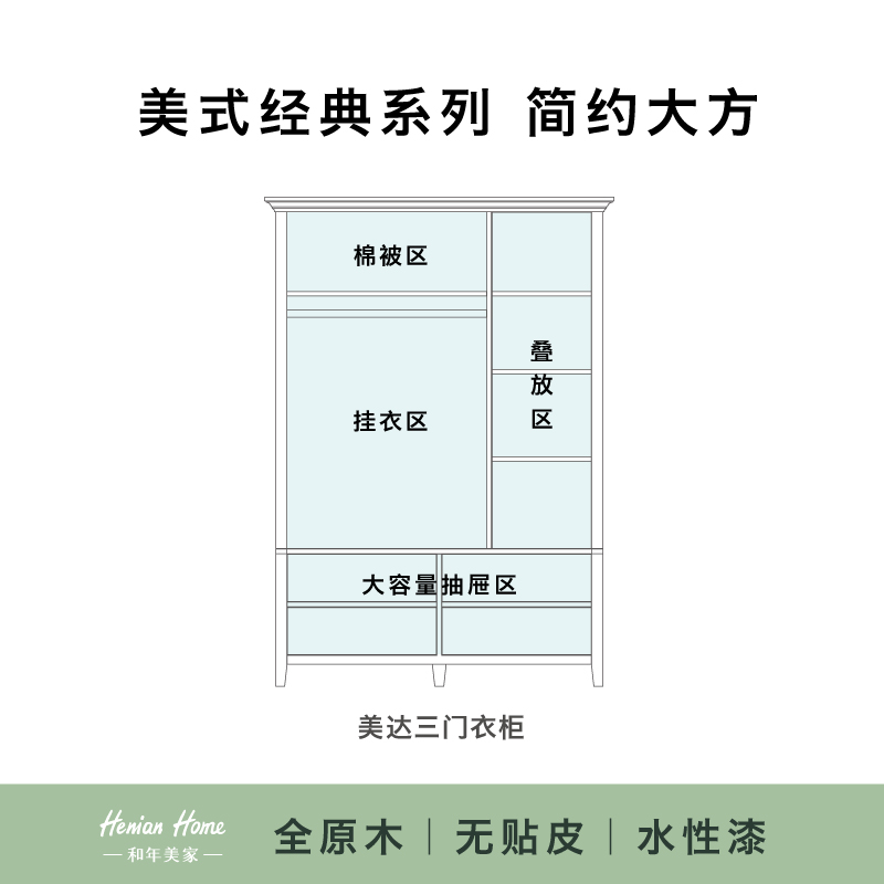 和年美家美式卧室实木组装衣柜挂衣柜平开门两门三门组合实木衣柜-图2