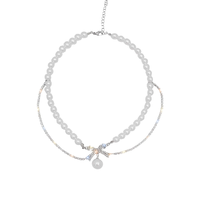 Flash diamond bow pearl necklace women's design cold style choker necklace clavicle chain