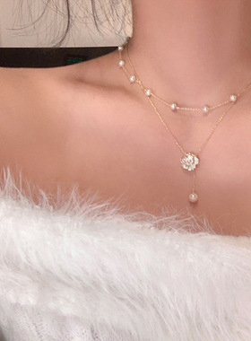 双层流苏珍珠项链女小众设计感
