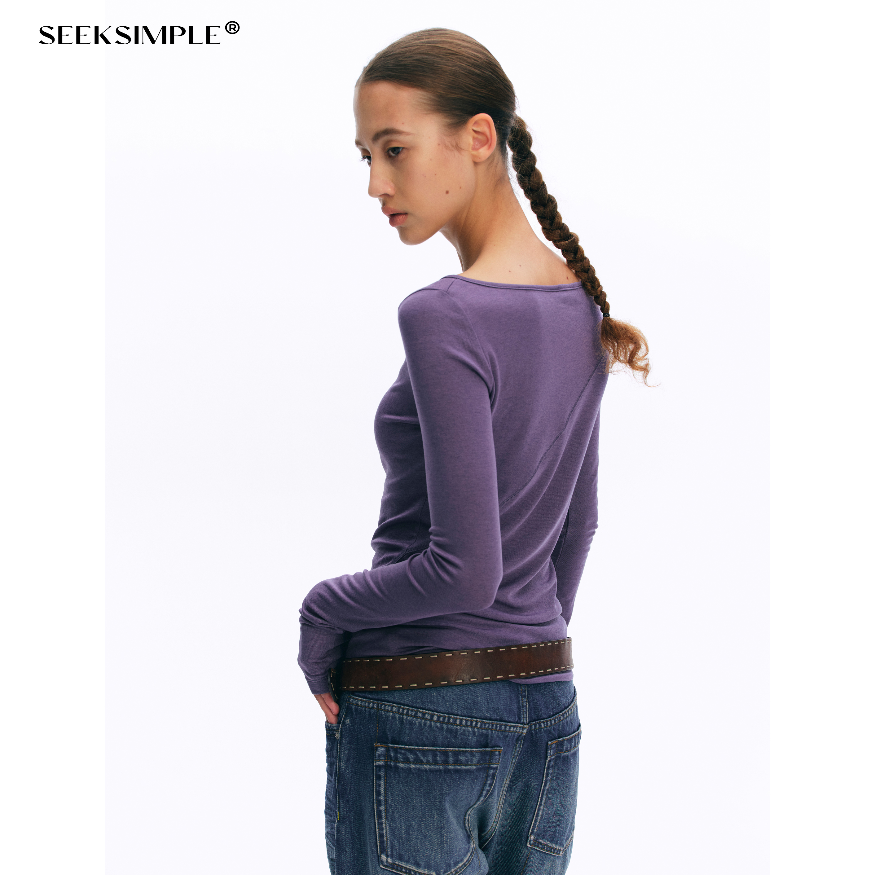 SEEKSIMPLE 羊毛混纺船领分割线长袖T恤女秋季宽松显瘦打底上衣 - 图1