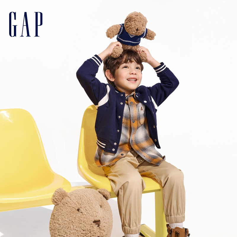 Gap男幼大童2024春季新款小熊大G针织夹克外套大小童同款棒球服