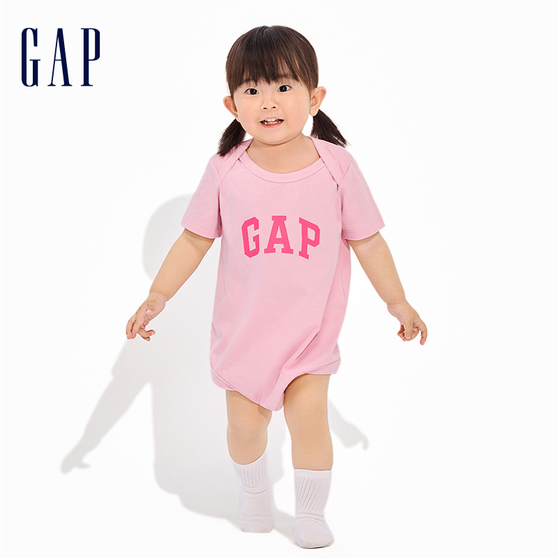 Gap婴儿2024春夏新款LOGO纯棉亲肤短袖连体衣儿童装包屁衣891712-图0