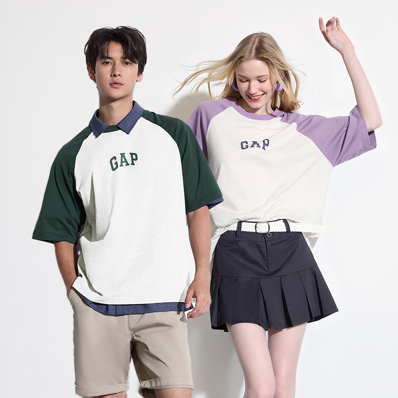 Gap男女装新款LOGO撞色插肩袖短袖