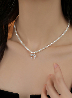 巷南925纯银蝴蝶结珍珠项链轻奢