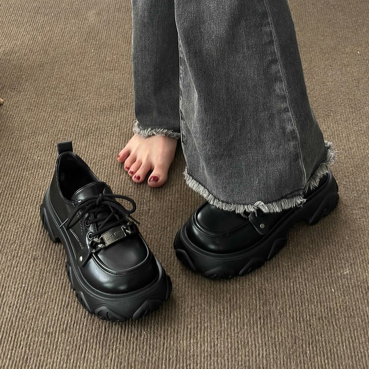 系带小皮鞋女英伦风休闲松糕底大头鞋厚底乐福鞋小众单鞋春秋鞋子 - 图0