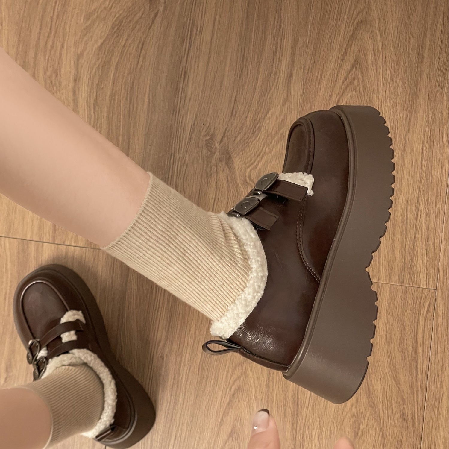 黑色乐福鞋加绒女2025秋冬新款厚底增高英伦风冬季毛毛鞋小皮鞋冬,淘宝优惠券,粉丝福利购,淘宝优惠卷