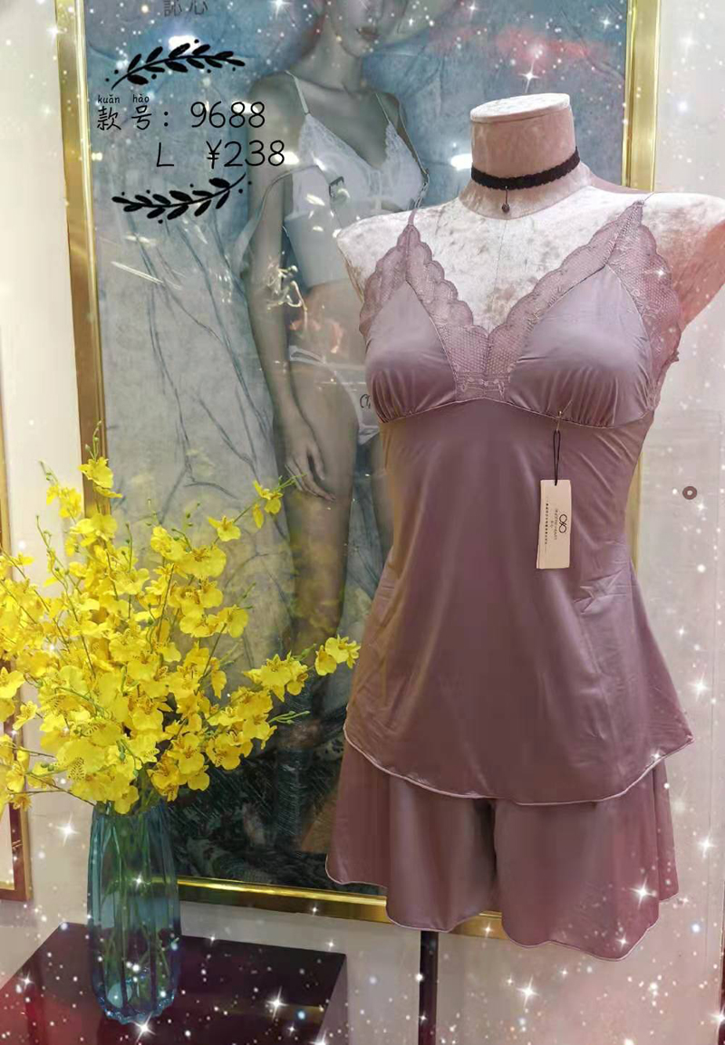 訫心CS9688柔丝冰丝女士性感诱惑蕾丝吊带睡裙分体睡裤可外搭套装 - 图0