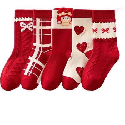 【新品】儿童袜子秋季喜庆新年红袜百搭男童女童中筒运动潮袜包邮