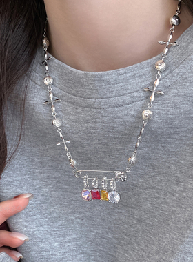 多巴胺彩色锆石回形针项链甜酷