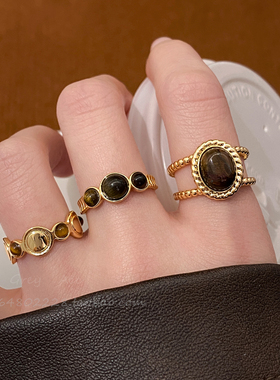 美拉德虎眼石金色戒指女款轻奢