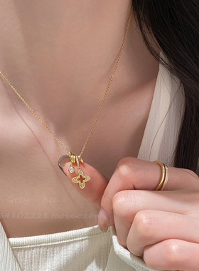 金色闪锆镂空四叶草吊坠项链女
