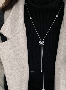 韩系闪锆蝴蝶珍珠吊坠项链女