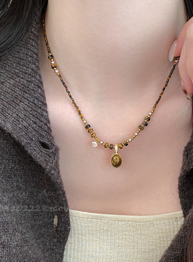 虎眼石串珠项链女秋冬复古