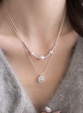 双层银色碎银子珍珠八芒星项链女