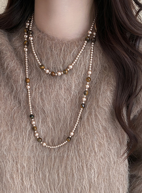 小香风虎眼石珍珠项链女高级感