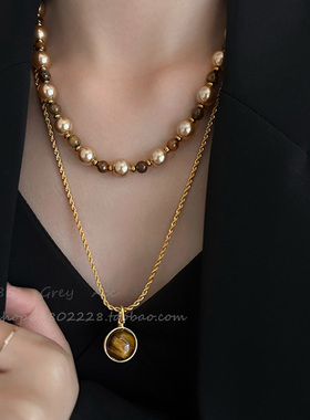 美拉德珍珠虎眼石款吊坠叠戴项链