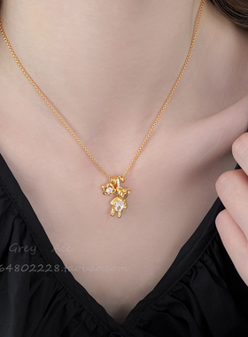 金色闪钻轻奢小熊吊坠项链女