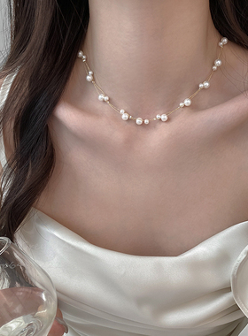 极细金丝珍珠项链女短款choker双层简约轻奢精致锁骨链高级感颈链