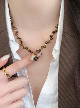 美拉德锆石虎眼石串珠花生项链