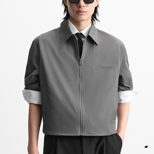 春季新品ZA男装泡泡纱夹克男士简约薄款短外套 7380556 801 - 图0