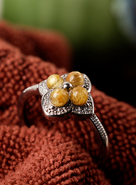 天然钛晶金发晶银戒指四季招财