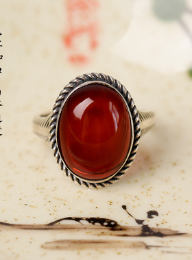 天然血琥珀复古牛血红银戒指养气