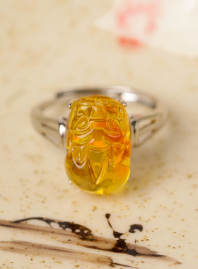 天然琥珀蜜蜡招财吸财银戒指