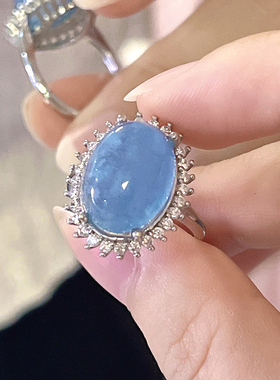 女天然海蓝宝大颗粒显白气质戒指