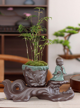 哥窑紫砂自吸水懒人花盆带托盘