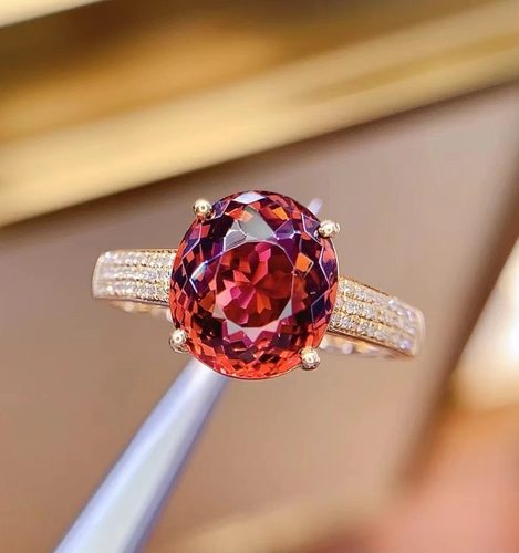 天然红碧玺戒指18K金镶嵌女款晶体全干净裸石:4.2克拉 - 图0