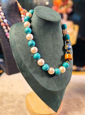 孤品松石蓝项链天然石美菱矿大颗粒复古尼泊 尔老琉璃锁骨链15545