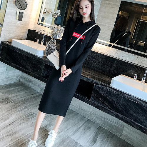 2025春秋装新款中长款卫衣裙女气质休闲宽松显瘦长袖连帽连衣裙 - 图2