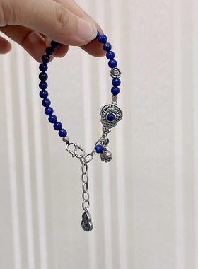 、天然青金石手链小珠细手纯银时尚特色银饰复古