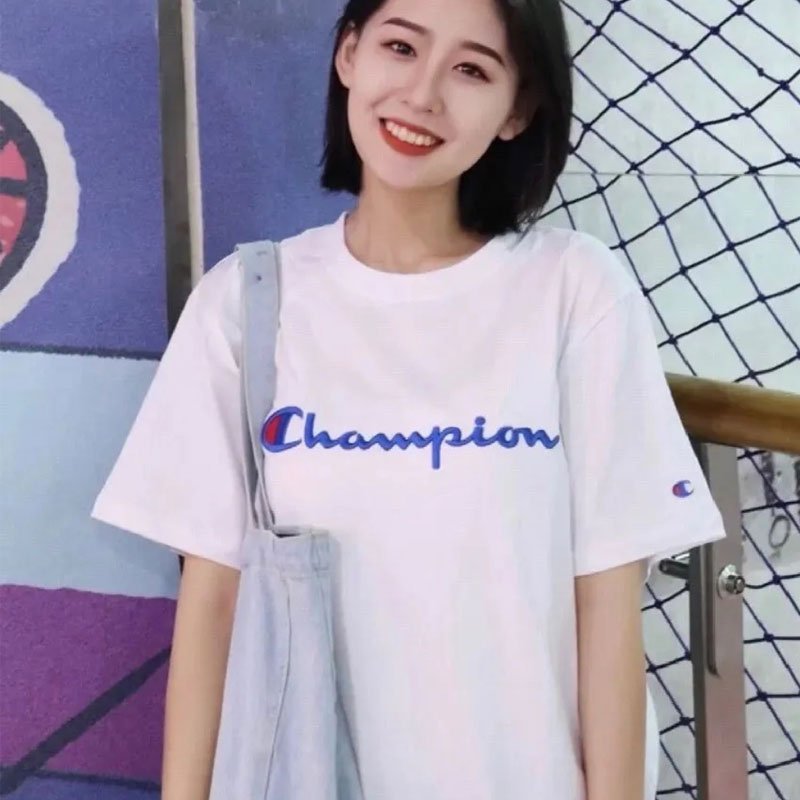 美版正品Champion冠军草写字母大Logo印花棉T恤男女情侣短袖潮牌 - 图1