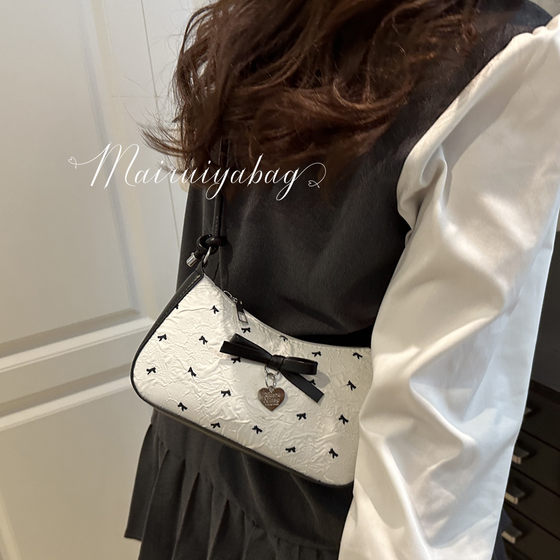 Korean style sweet seersucker bow contrast armpit bag
