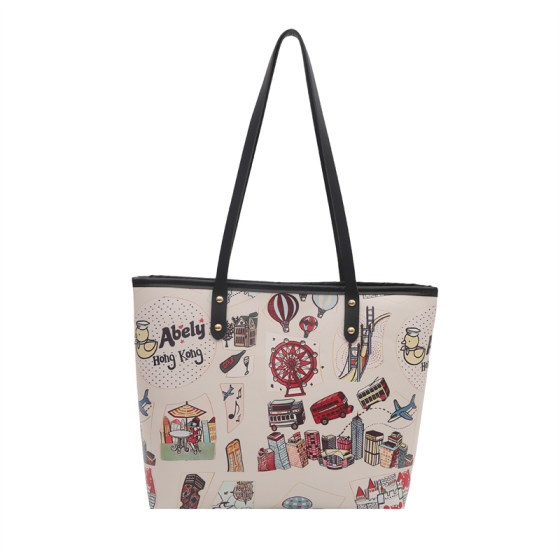 Cartoon print texture commuting shoulder tote bag