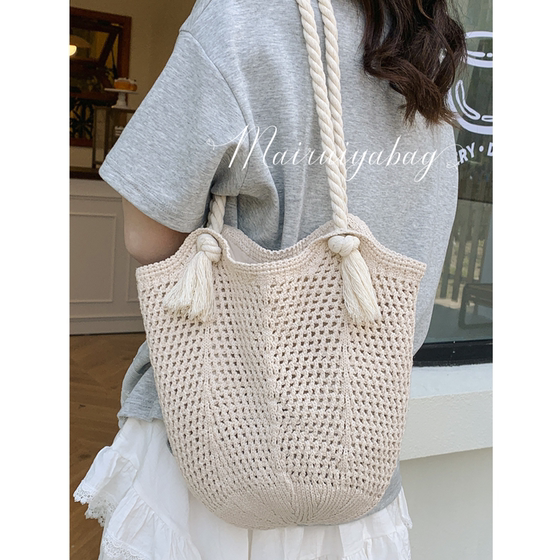 Knitted mesh hollow cotton rope fake beach tote bag