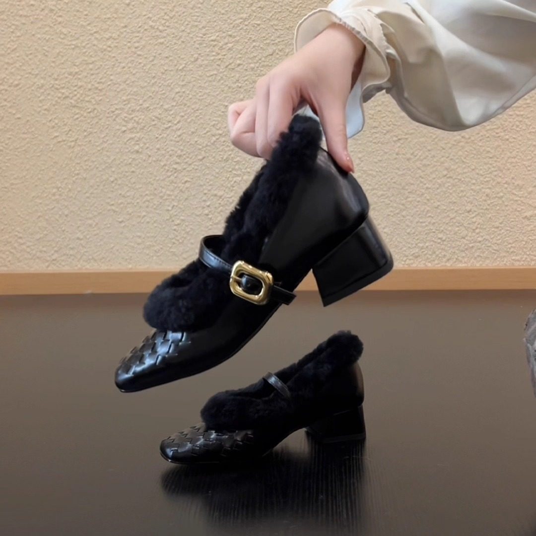 RubyL/3.8cm法式气质方头编织羊皮拼色一字带羊羔毛毛毛玛丽珍鞋,淘宝优惠券,粉丝福利购,淘宝优惠卷