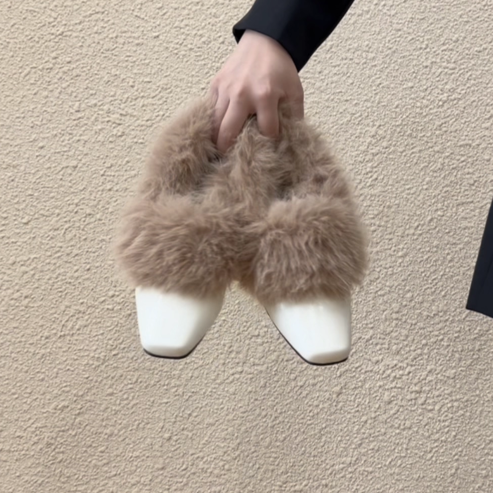 RubyL/4cm优雅法式简约方头粗跟毛毛鞋舒适一脚蹬深口单鞋女款,淘宝优惠券,粉丝福利购,淘宝优惠卷