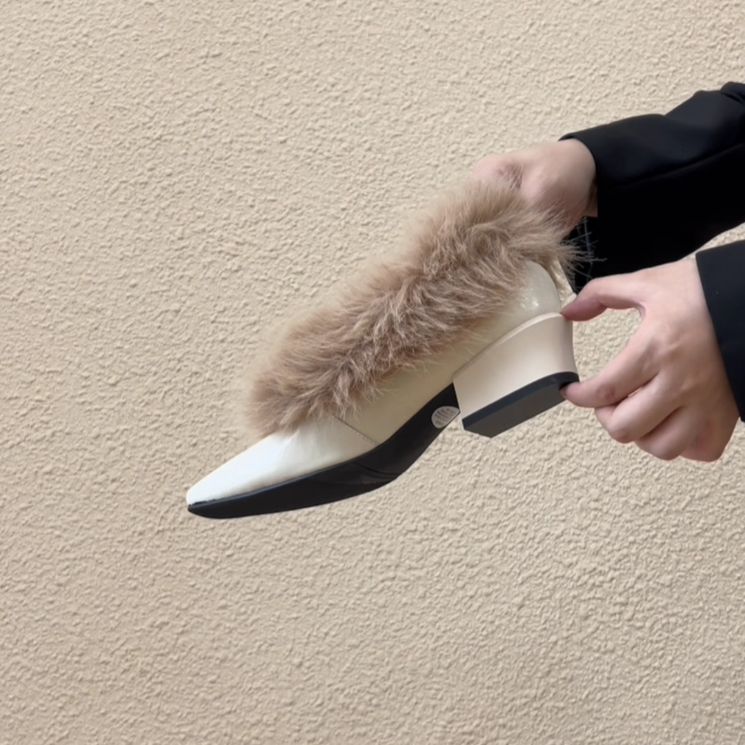 RubyL/4cm优雅法式简约方头粗跟毛毛鞋舒适一脚蹬深口单鞋女款,淘宝优惠券,粉丝福利购,淘宝优惠卷