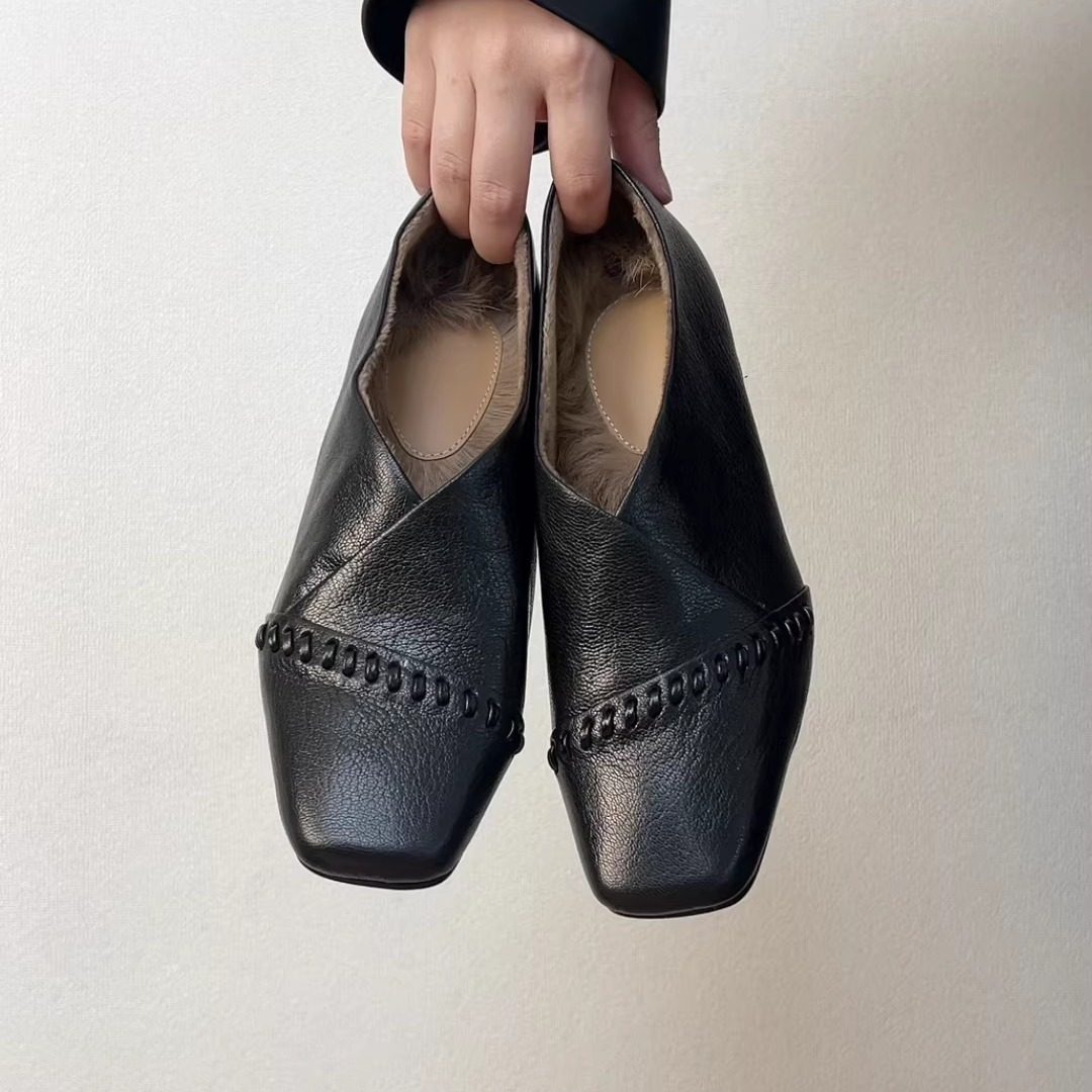 RubyL/3.5cm复古方头羊皮深口单鞋女粗跟百搭通勤鞋编织装饰中跟,淘宝优惠券,粉丝福利购,淘宝优惠卷