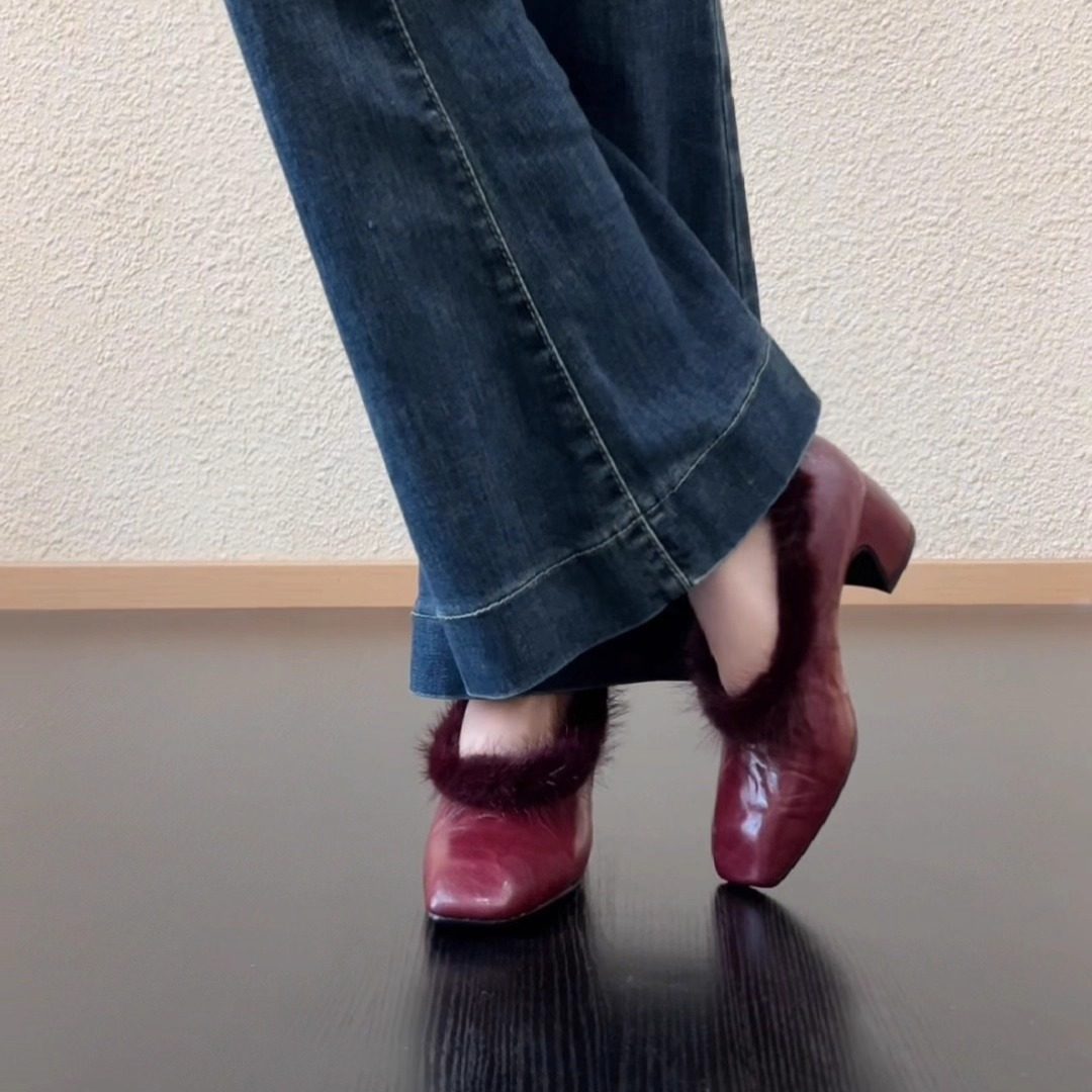 RubyL/5.2cm时尚百搭气质方头毛毛皮鞋复古羊皮加绒保暖粗跟单鞋,淘宝优惠券,粉丝福利购,淘宝优惠卷