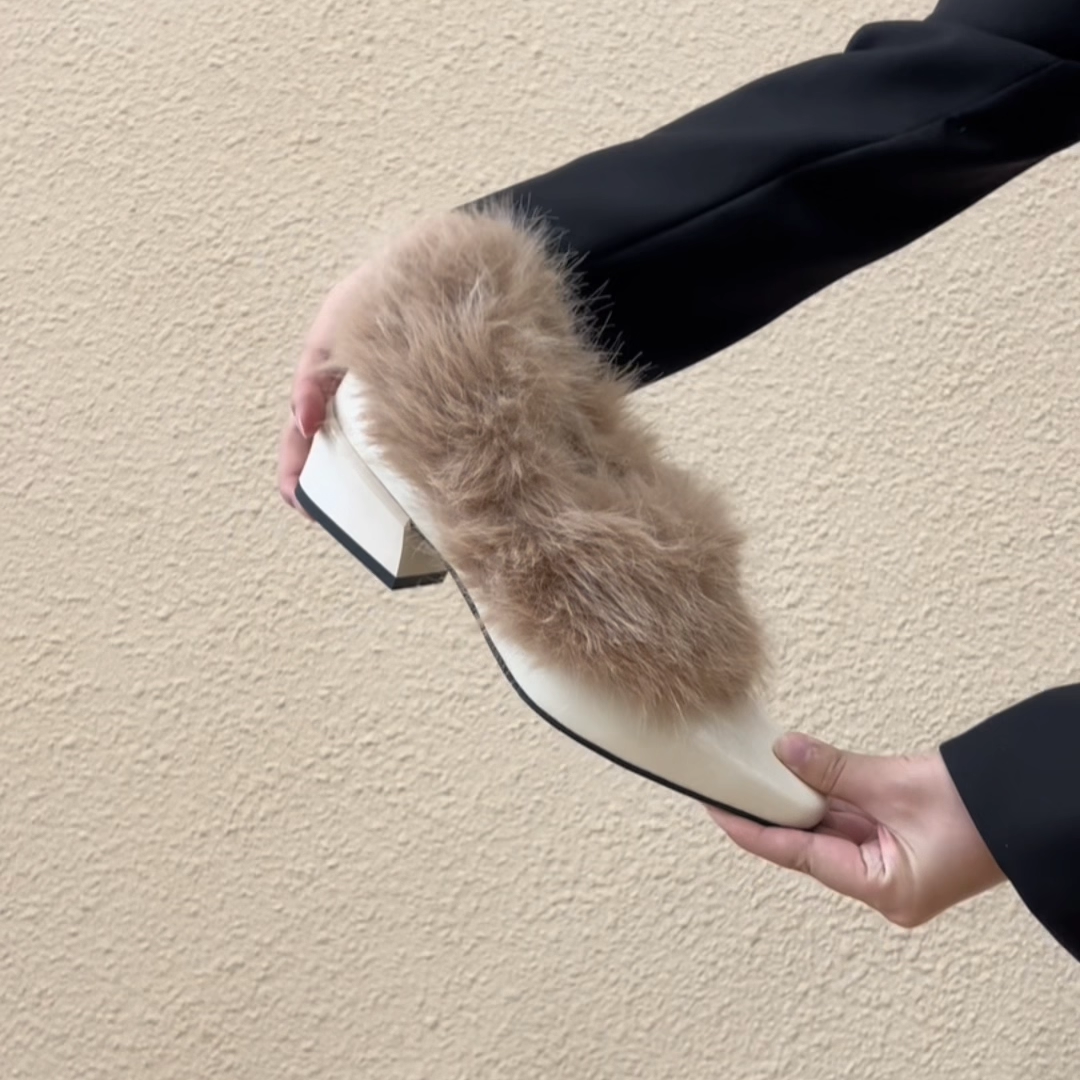 RubyL/4cm优雅法式简约方头粗跟毛毛鞋舒适一脚蹬深口单鞋女款,淘宝优惠券,粉丝福利购,淘宝优惠卷